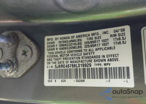 2008 Honda Cr-V Ex-L z USA, uszkodzony, nr VIN 5J6RE48788L018929